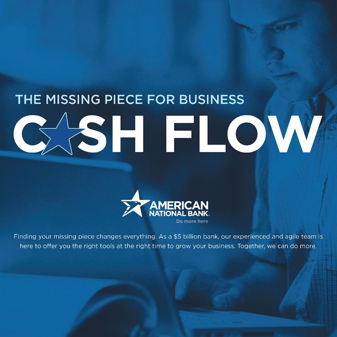 A blue duotone image of a man working on his laptop with American National Bank branding and messaging in the foreground.