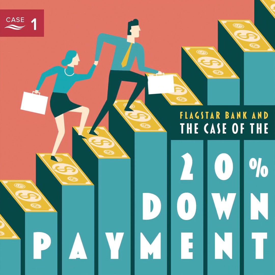 An illustration of two people running up a staircase made of money in the style of a retro mystery novel cover.